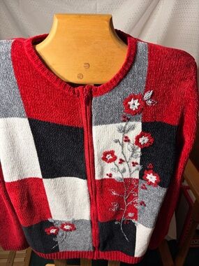 alfred dunner Red Floral Zip-Front Women's Sweater Cardigan